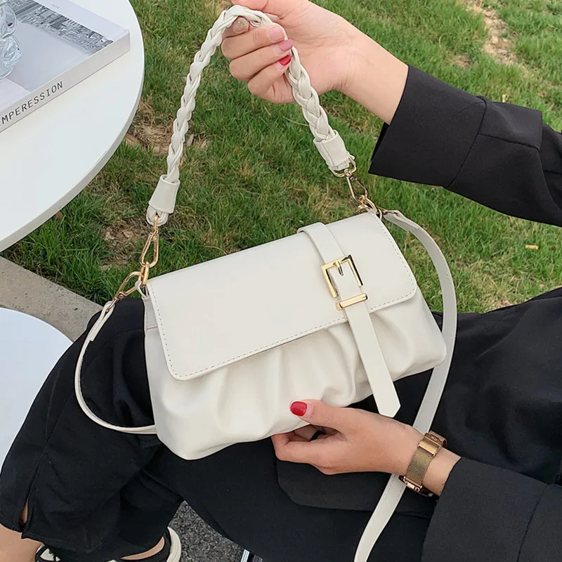 

Small White Bags for Women Summer Trend Pleated Shoulder Bag High Quality Soft Leather Messenger Handbag Lady Flap Crossbody Bag