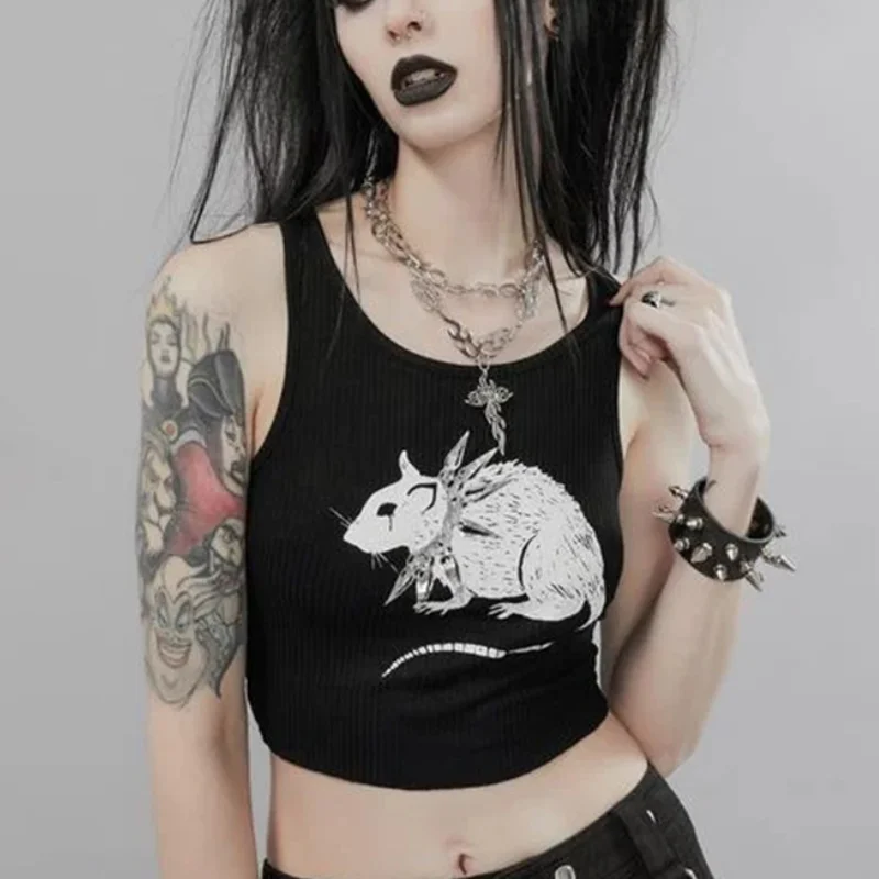 

Mouse Print Sexy Punk Goth Crop Tops Women Summer Vest Top Black White Fashion Round Neck Sleeveless Slim Tank Top Mujer tops