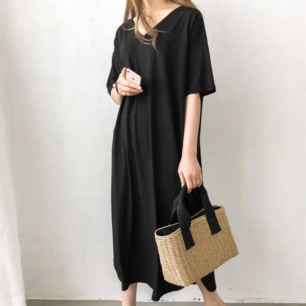 

Women Summer Casual T Shirt Dress Korea Fashion Streetwear V-neck Loose White Black Long Dress Style Minimalist Maxi Dresses