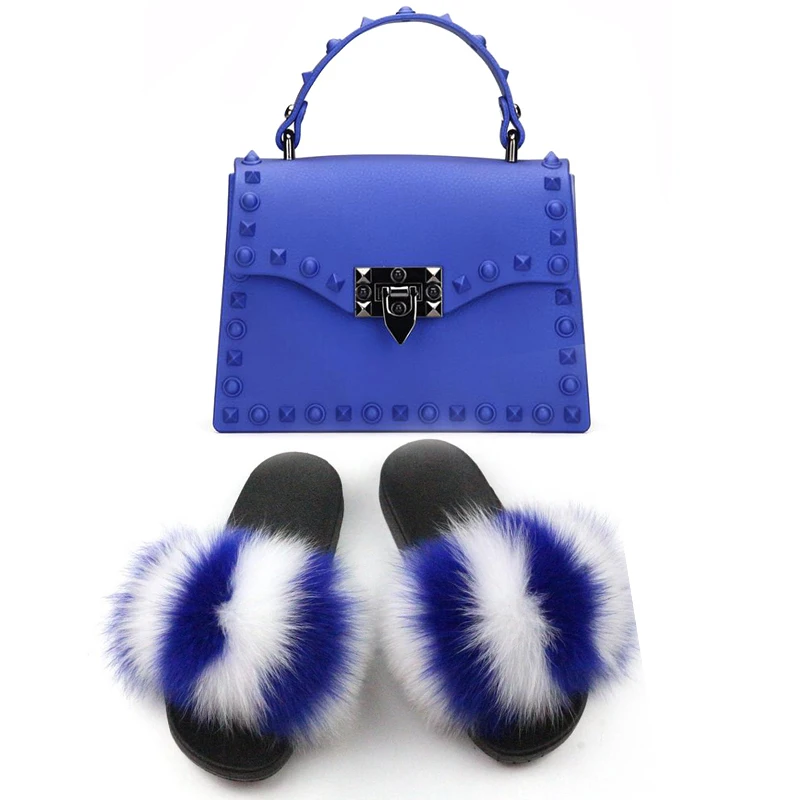 

Women Fur Slippers Luxury Brand Rivet Bags Fashion New High Quality PU Leather Handbags Fur Slides Cute Fluffy Fur Sandals Hot