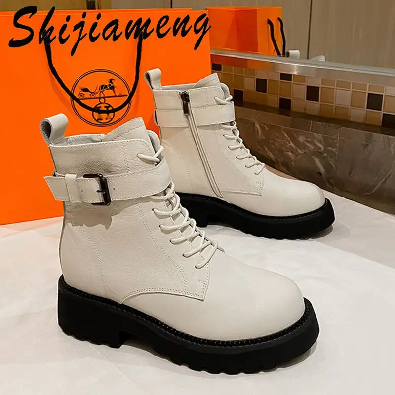 

Riding boots women's British style first layer cowhide 2021 autumn and winter cotton boots thick bottom tube button single boots