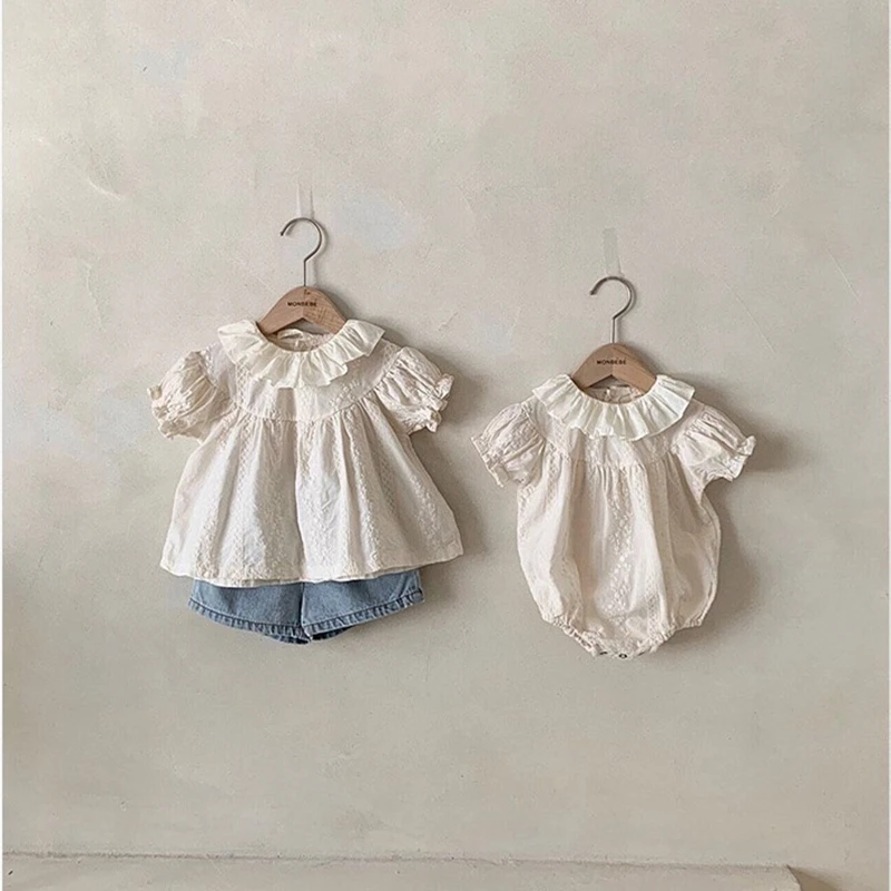 

Summer Infant Baby Girl Clothes for Newborns Cotton Embroidery Top Romper 2021 New Lotus Leaf Collar Bodysuit Kids Clothes