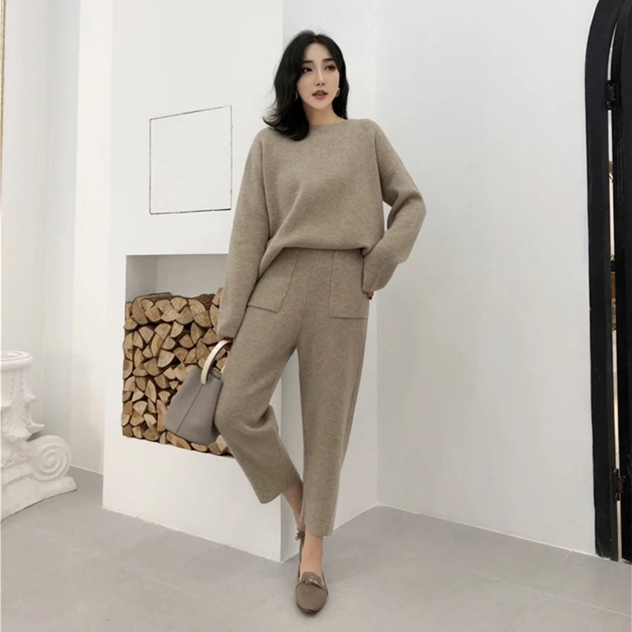 Autumn Winter Knitted Set Women Thick Warm O-Neck Loose Knit Suit Slim Pocket Harem Pants Oversized Casual Elegant Black Clothes