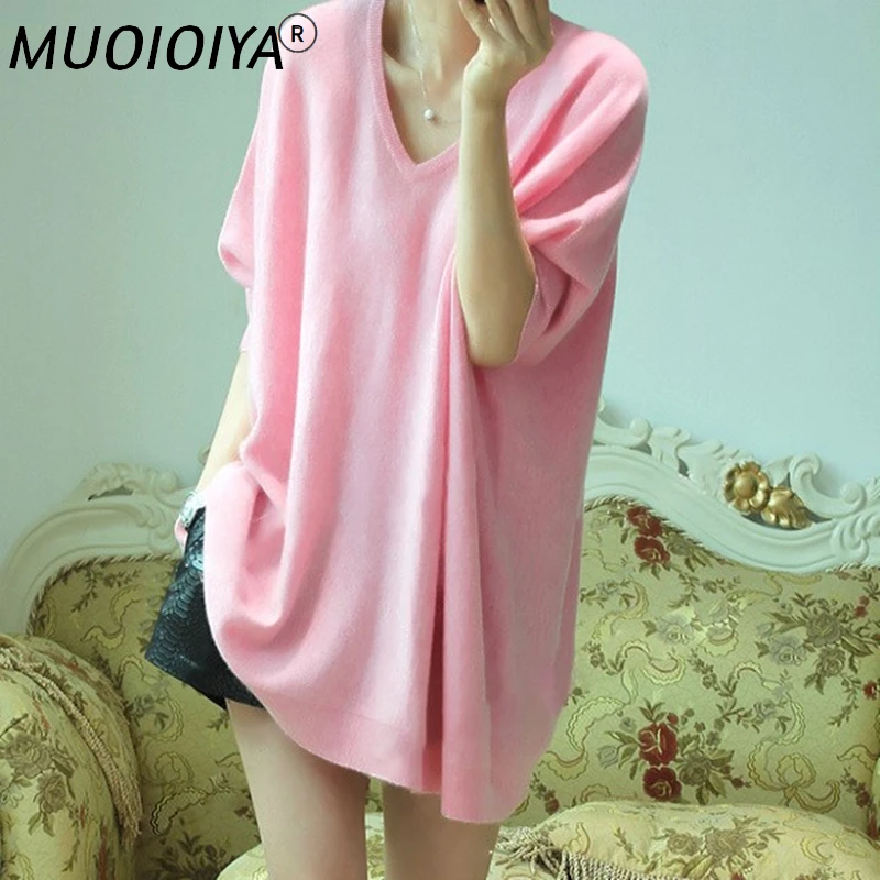 

Свитер женский с V-образным вырезом, Свободный Вязаный топ, повседневный кашемировый пуловер с коротким рукавом, большие размеры, весна-осен...