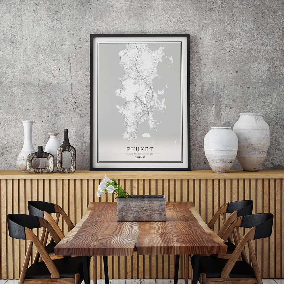 Черный и белый постер с картой города Таиланда скандинавский для гостиной Белый