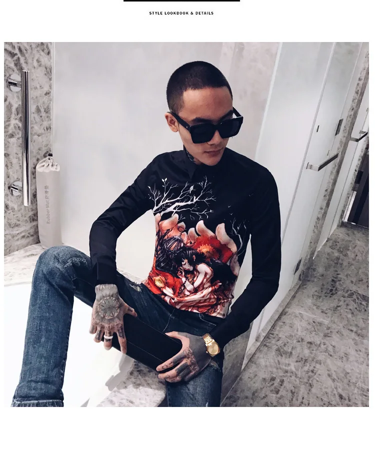 Роскошный смокинг для ночного клуба, модное платье, Camisa Hombre, Повседневная приталенная рубашка, Мужская Уличная рубашка с цветочным принтом, мужская рубашка, Camisas Hombre