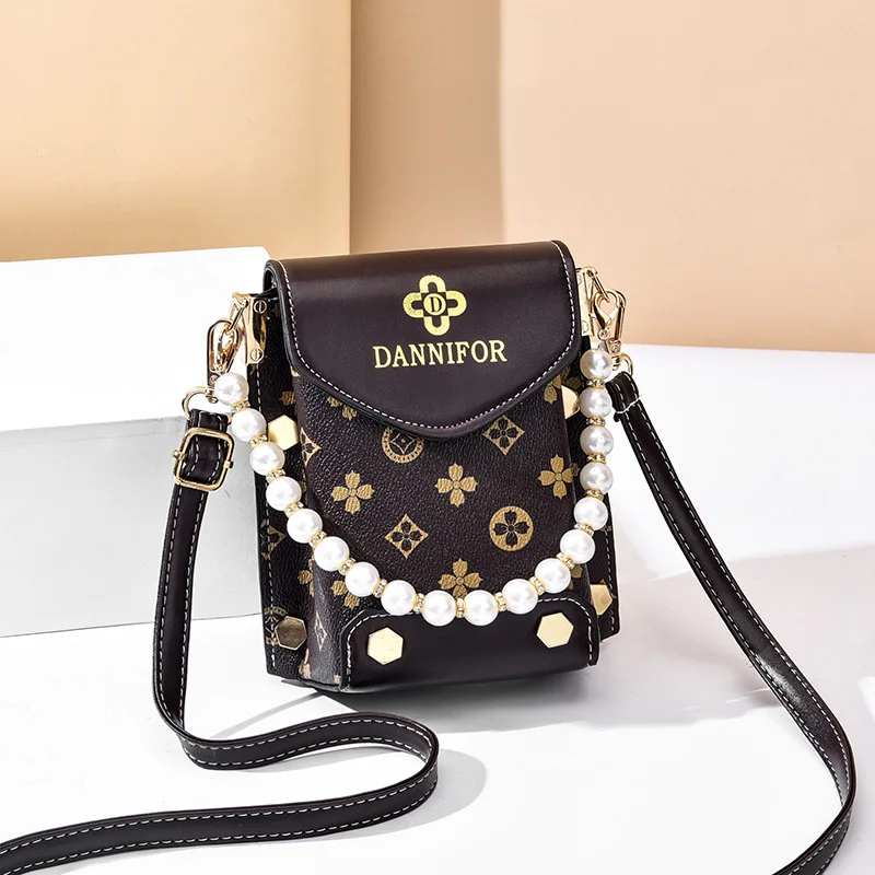 

Fashion Trend Printing Female Bag Shoulder PU Crossbody Bag New Korean Mobile Phone With Beaded Design Mini Small Bag
