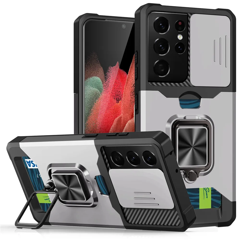 

for Samsung Galaxy S21 Ultra Case Magnetic Card Slot Holder Cover for Samsung Galaxy S21 Plus FE 5G Kickstand Rotate Ring Cover