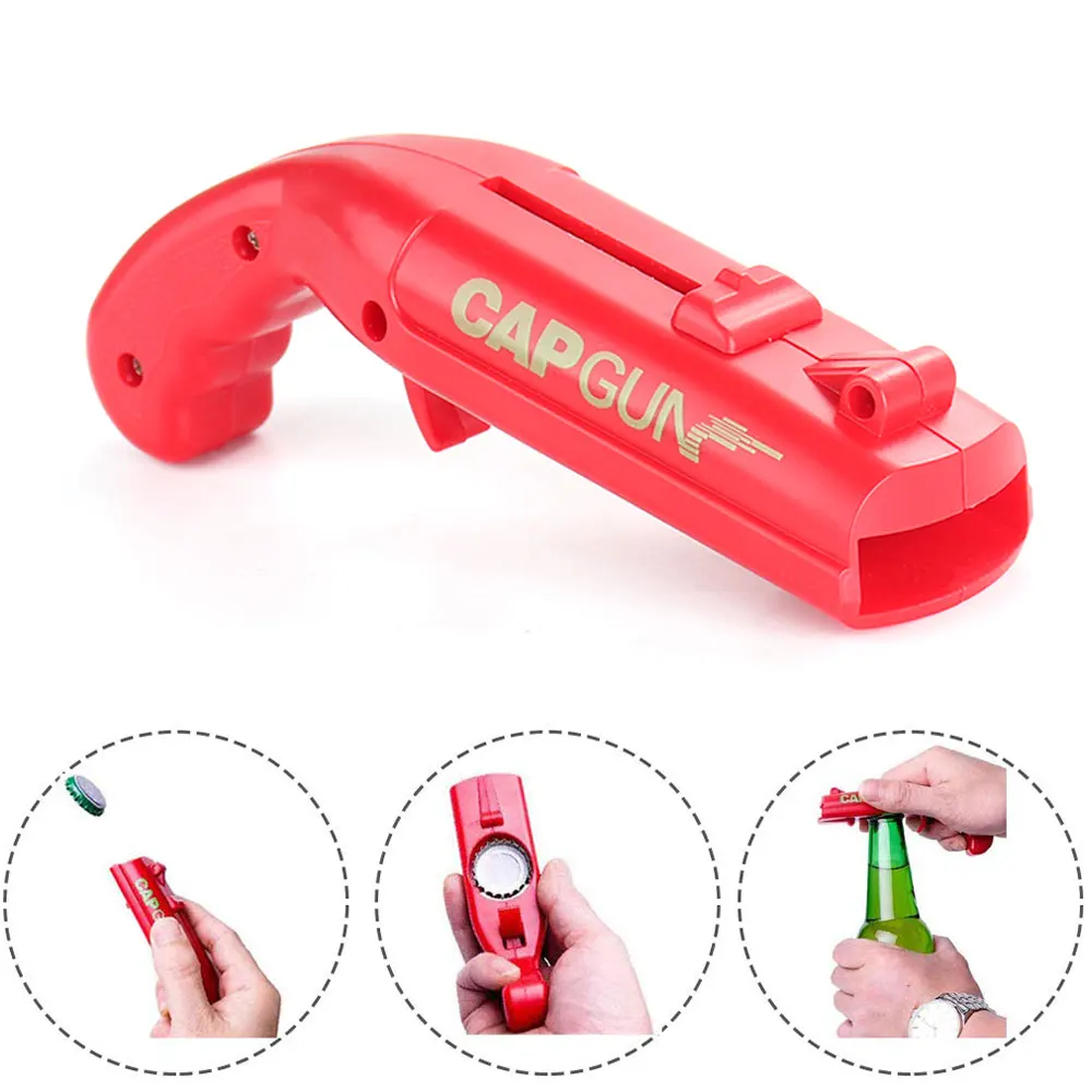 

Portable Cap Gun Creative Flying Cap Launcher Bottle Beer Opener Bar Tool Drink Opening Gun Shaped Bottle Lids Shooter Red Gray