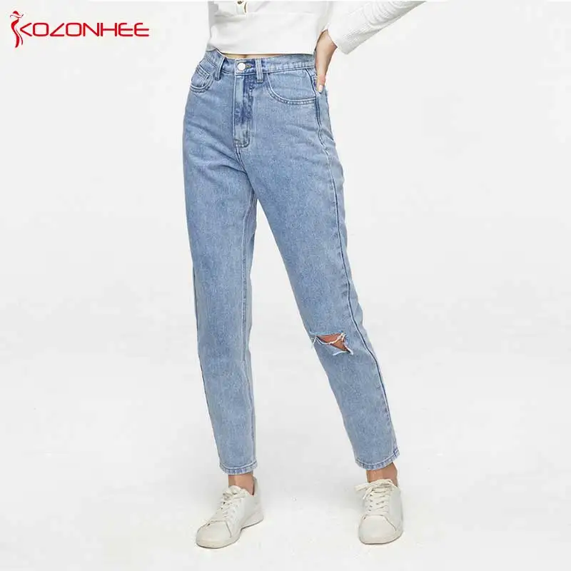 Женские джинсы свободного покроя с дырками размера плюс прямые неэластичные