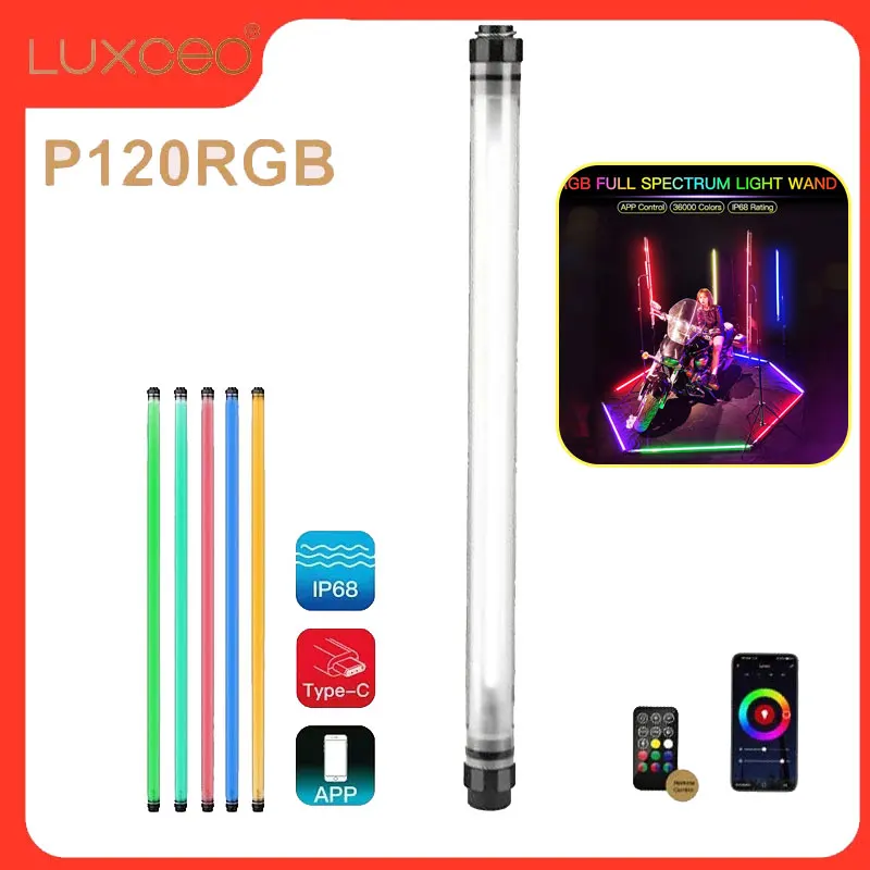 

LUXCEO P120 Waterproof RGB LED Video Light Tube 120cm with Remote Control Built-in Battery Photography Lighting Tube Stick