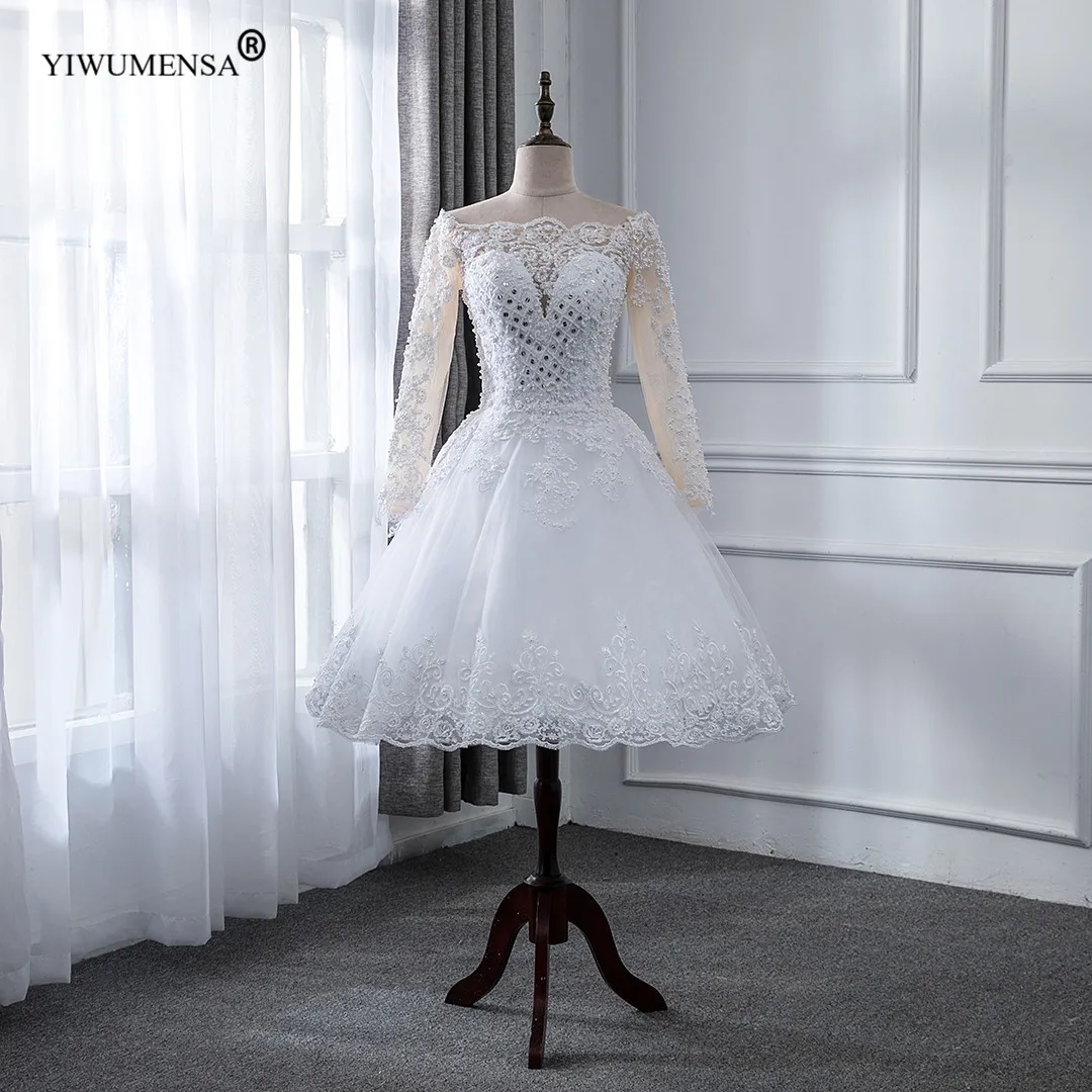 

A4 Factory Customized Knee Length Boat Neck Short Wedding Dress Elegant Long Sleeves Pearls Beaded Skin Tulle Bride Dresses 2020