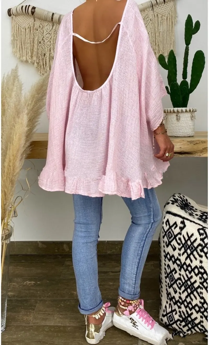 Блузка женская однотонная с открытой спиной модная рубашка бамбуковым узором