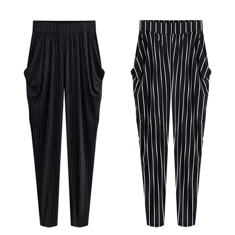 

Large size women's harem pants 4XL-8XL hips 138CM women's thin section loose black stripes high waist casual nine-point pants