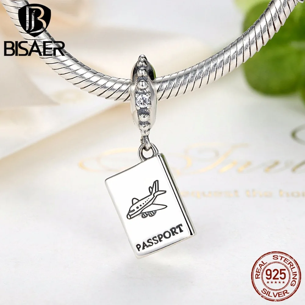 BISAER, модный 925 пробы Серебряный кулон для путешествий, паспорта, самолета, подвески, подходят к оригинальному браслету, сделай сам, хорошее ювелирное изделие GOS085