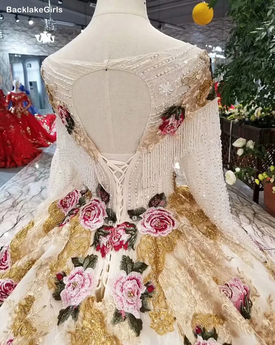 Rose Flowers Champagne And White Beautiful Dress Floor Length O Neck Long Sleeve Lace Up Back Cheap Evening Robe De Mariee | Свадьбы и