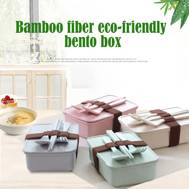 Коробка Bento из бамбукового волокна контейнер для обеда с пластиковой посудой и