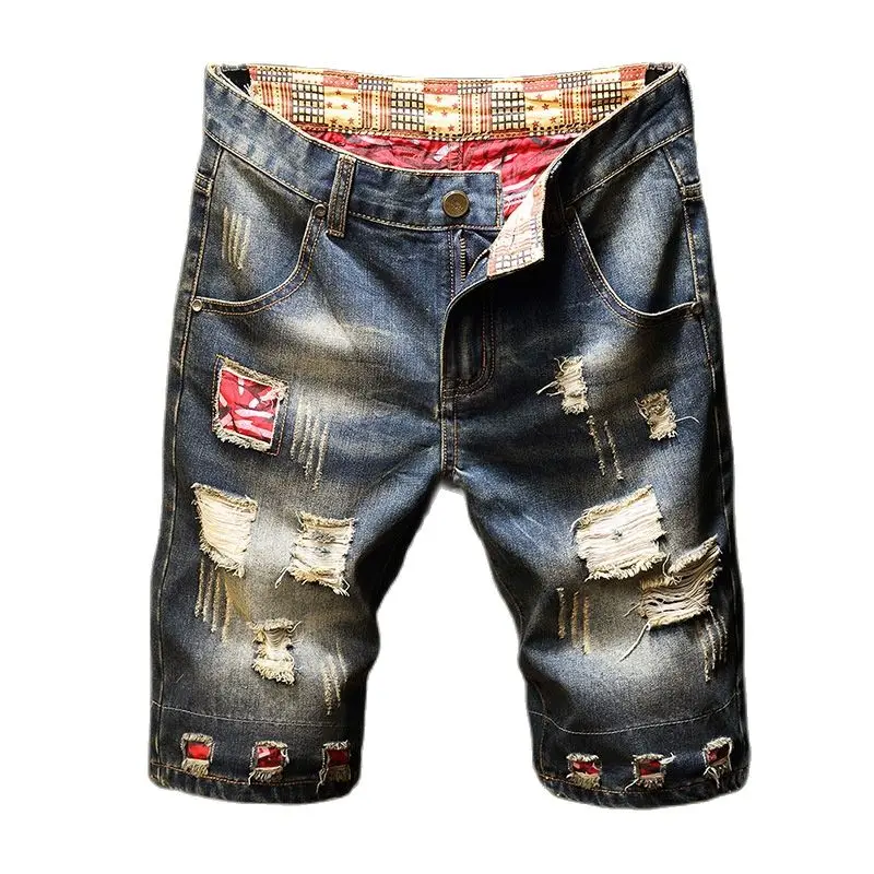 

Wholesale 2022 Summer Casual Low Rise Male Denim Shorts Vintage Blue Trendyol Ripped Hole Kpop Cowboy Cargo Pants