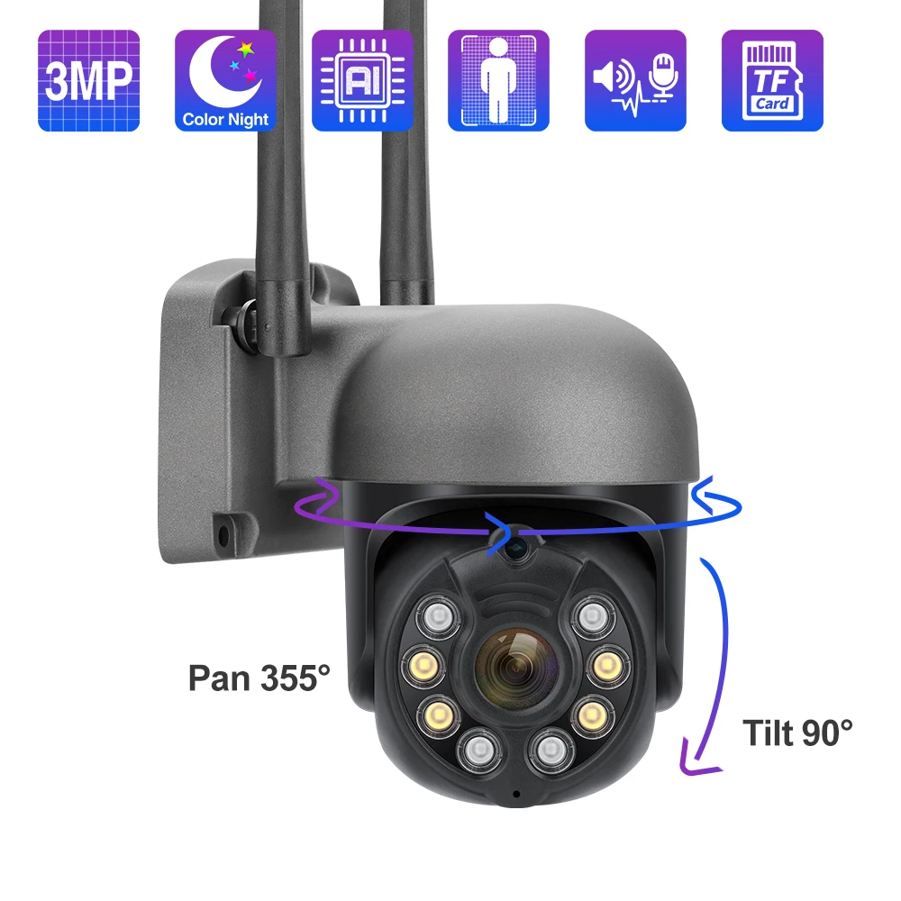 

Скоростная купольная IP-камера Techage, HD, 3 Мп, Wi-Fi, PTZ, беспроводная уличная, с автослежением, двухсторонним аудио, полноцветным ночным видением