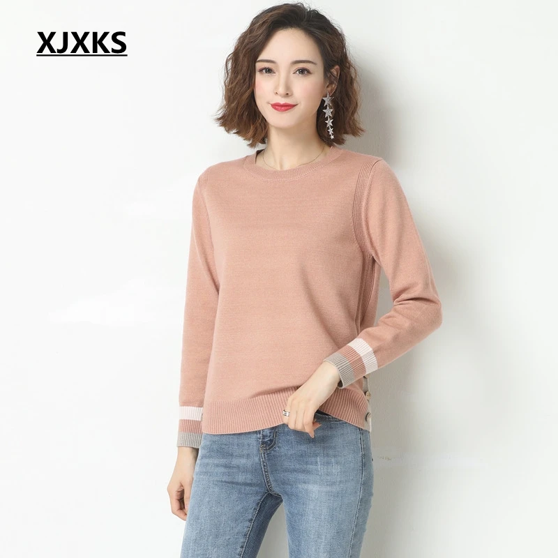 Пуловер женский кашемировый с круглым вырезом и длинными рукавами | Женская