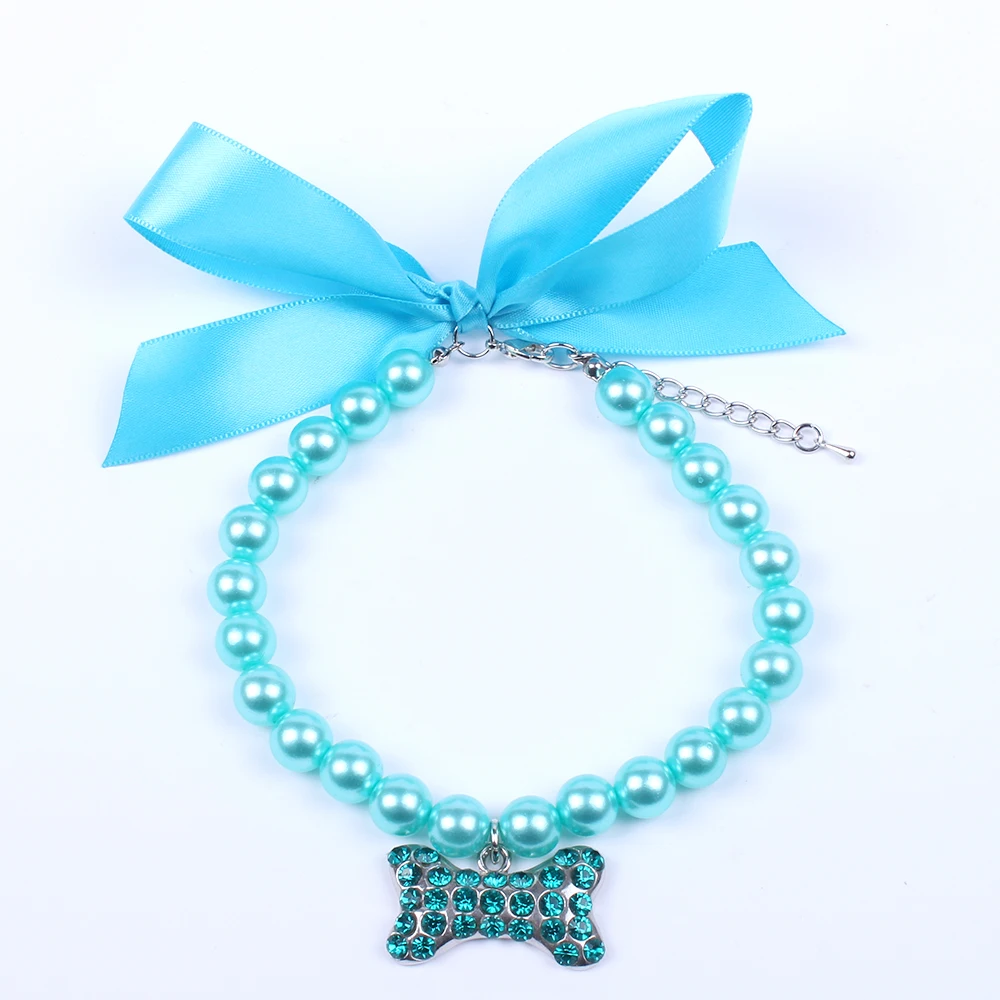 Blue Собака Кошка жемчуг ожерелье воротник Bling Стразы Подвеска с изображением кости питомца щенка Свадебные украшения для женщин щенка чихуахуа Йорк - Цвет: Blue