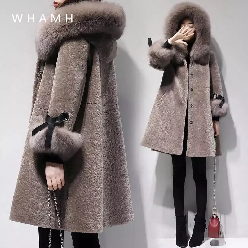 

2023 New Women's Winter Loose Large Size Mid-length Coat Women Were Thin Hooded Fur Collar Fur Coat Thick Korean Fashion Thin