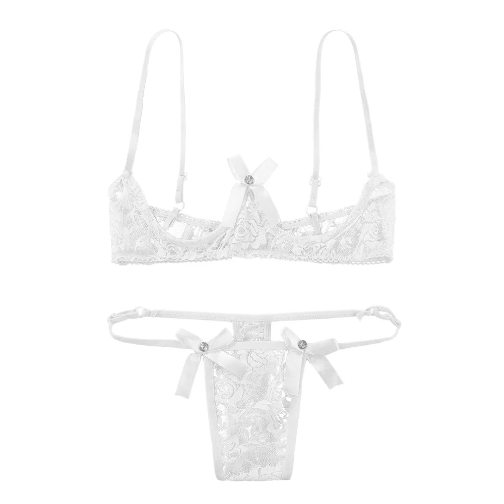 

Womens open cup bra top Sexy Thong Sheer Lace Lingerie Bare Exposed Breasts Underwired Shelf Bra with G-string thong underwear