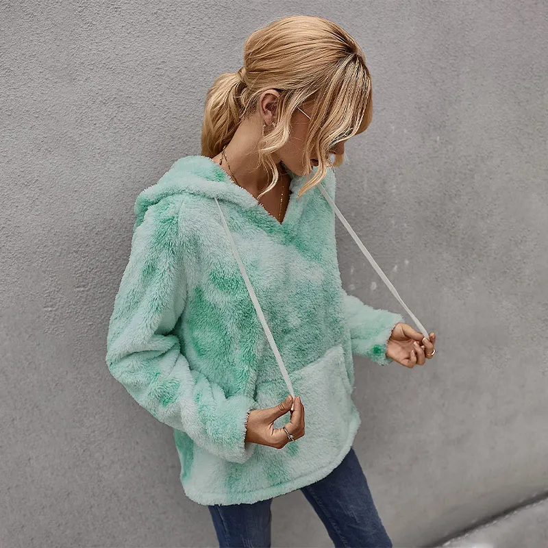 

Fluffy Hooded Pockets 2021 Women's Hoodies Long Sleeve Drawstring Thicken Female Pullovers Autumn Casual Ladies Sweatshirts
