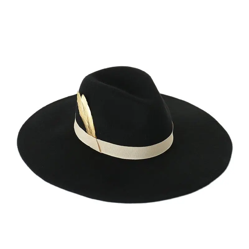 

Autumn Winter Feather Fedora Hat for Women Men Wool Felt Wide Brim England Vintage Cap Stage Performance Jazz Fedoras Wholesale