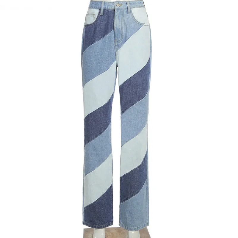 

Fashion Y2K High Waist Pants Cotton Women Retro Striped Patchwork Loose Jeans Pocket Casual Street Clothing Slim Denim Pants