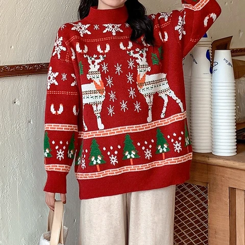 Женский свитер ручной работы, теплый вязаный свитер средней длины с рождественским оленем и длинным рукавом, 700 г