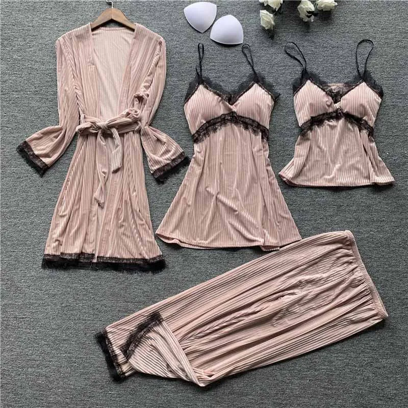 light pink Золотые бархатные пижамы для женщин, 4 шт., зимний костюм, домашняя одежда, женский сексуальный кружевной халат, пижамные комплекты, одежда для сна без рукавов - Цвет: light pink