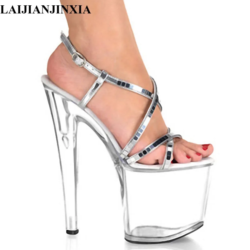 New 20cm Plastic sandals, choi core ribs bottom sandals, pole dancing performance shoes silver buckle, party Dance Shoes