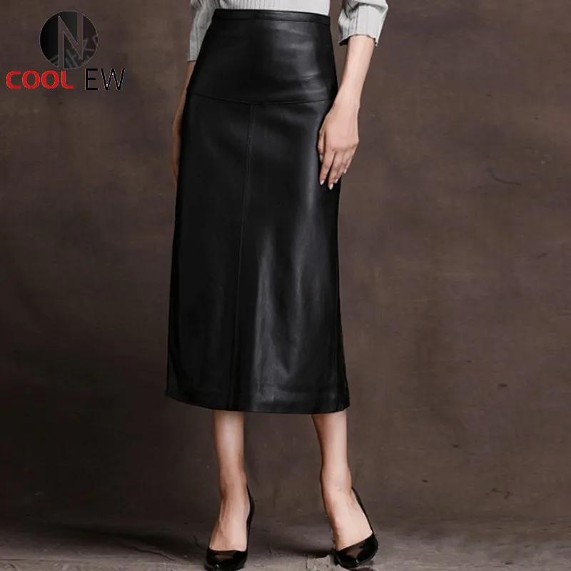 

Elegant Genuine Leather Skirts Womens 2021 Spring OL Sheepskin Mid-Calf A-Line Skirt Plus Size 3XL Luxury Zipper Black Skirt