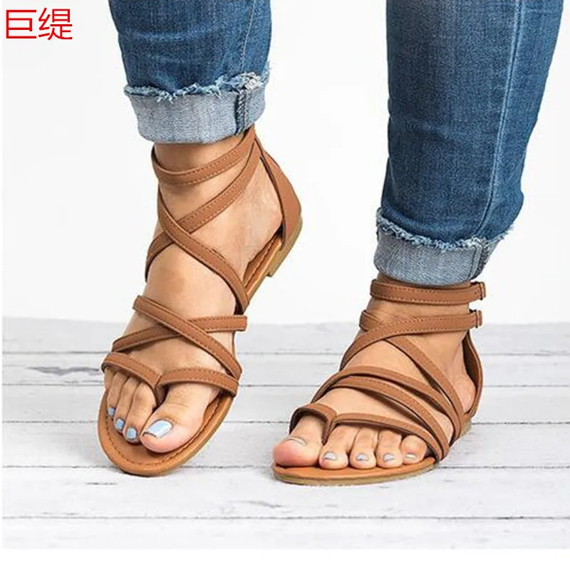 

summer woman sandals PU Buckle Strap ZIP Flat Toe Round Toe Shallow Bohemia Toe Comfy Soft Retro Wedge women shoes size 36-44