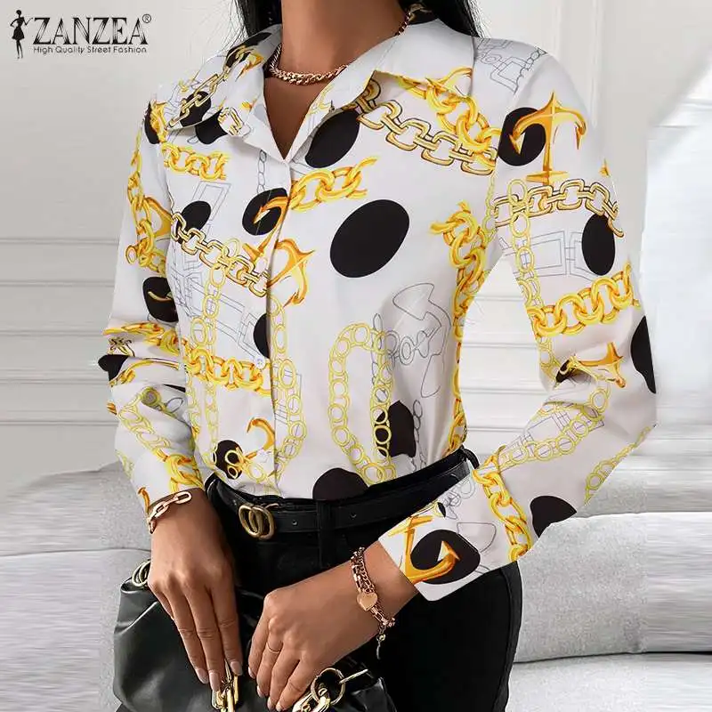 

Women Fashion OL Chains Printed Shirts Blouse ZANZEA 2021 Spring Long Sleeve Tops Oversized Casual Lapel Loose Blusa Femininas