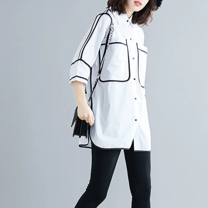 #2801 летняя белая рубашка для женщин с большими карманами черная полосатая