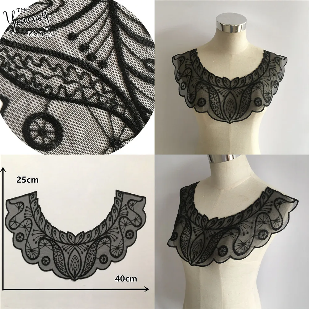 Черное Новое поступление органза ткань кружевной воротник вышивка аппликация