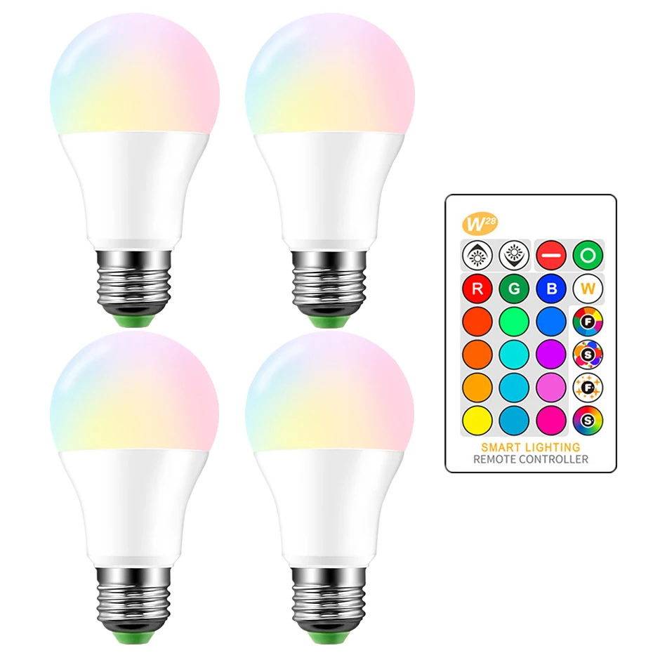 

4 шт. Светодиодные лампы E27 110 В 220 в RGB лампа 5 Вт 10 Вт 15 Вт ампульная Светодиодная лампа с контроллером освещение для домашнего декора RGB белый/...