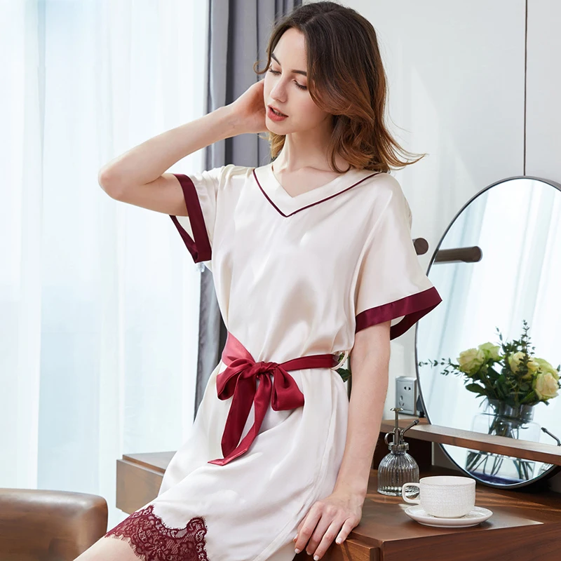 

100% silk satin elegant women home skirt,luxury lace sashes V neck silk robe, girl ideal gift beige red pink sexy lady sleepwear