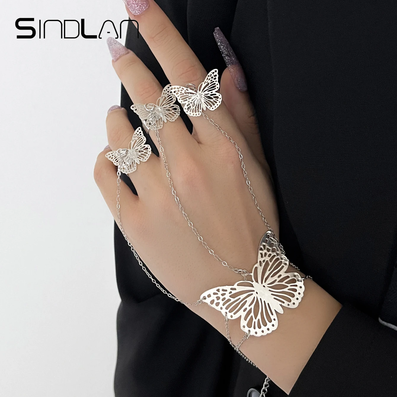 

Sindlan One Piece Punk Silver Color Butterfly Wrist Bracelet for Women with Ring Couple Kpop Emo 2021 Trend Jewelry Set Pulseras
