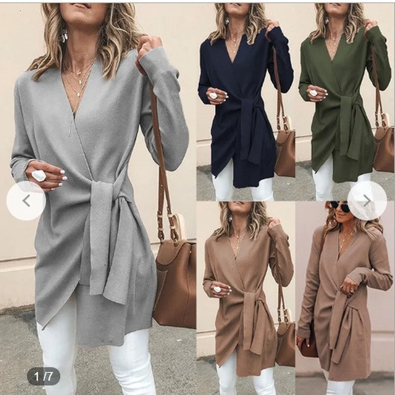 

Herfst en winter nieuwe dameskleding pure kleur wollen V-hals riem halflange casual jas