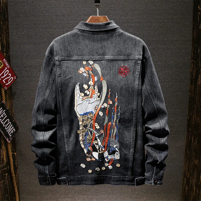 Куртка мужская джинсовая с вышивкой китайского тигра свободная верхняя одежда