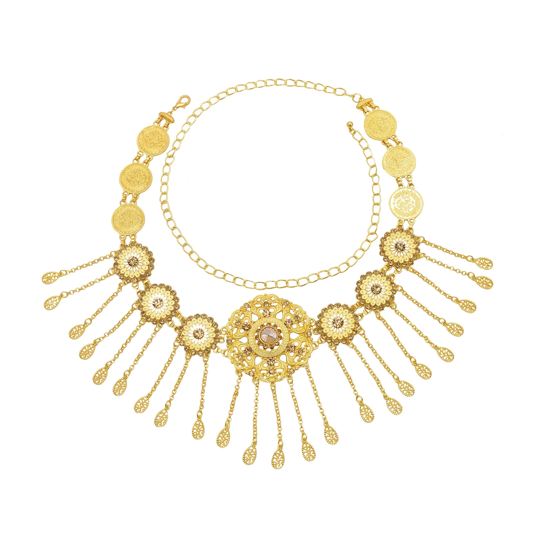 

Selling Trendy Bohemian Gold Tassel Waist Chain Gold Metal Waist Chain Ethnic Style Women's Waist Chain Thai Style Body Jewelry
