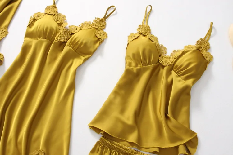 

Satin Sexy Sleepwear Lady 4PCS Pajamas Suit Kimono Bathrobe Gown Lace Patchwork Home Clothes Nightwear Lace Intimate Lingerie