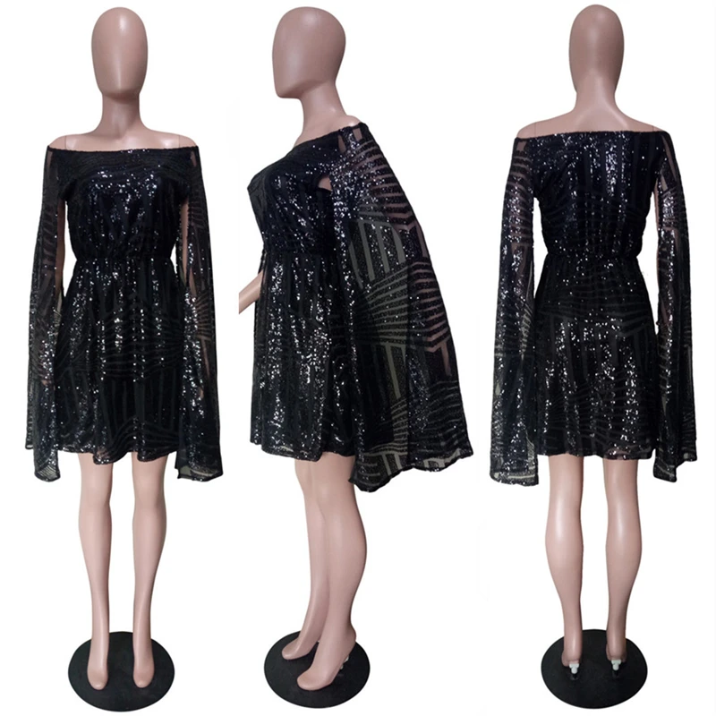 Женское платье с открытыми плечами и блестками Adogirl весеннее мини-платье