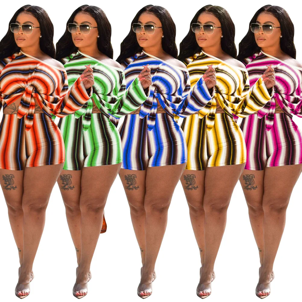 

New Striped Printed Two-Piece Women's Cropped Long-Sleeved Top And Tight Shorts With Fashionable Street Hipster Suit Spring 2021