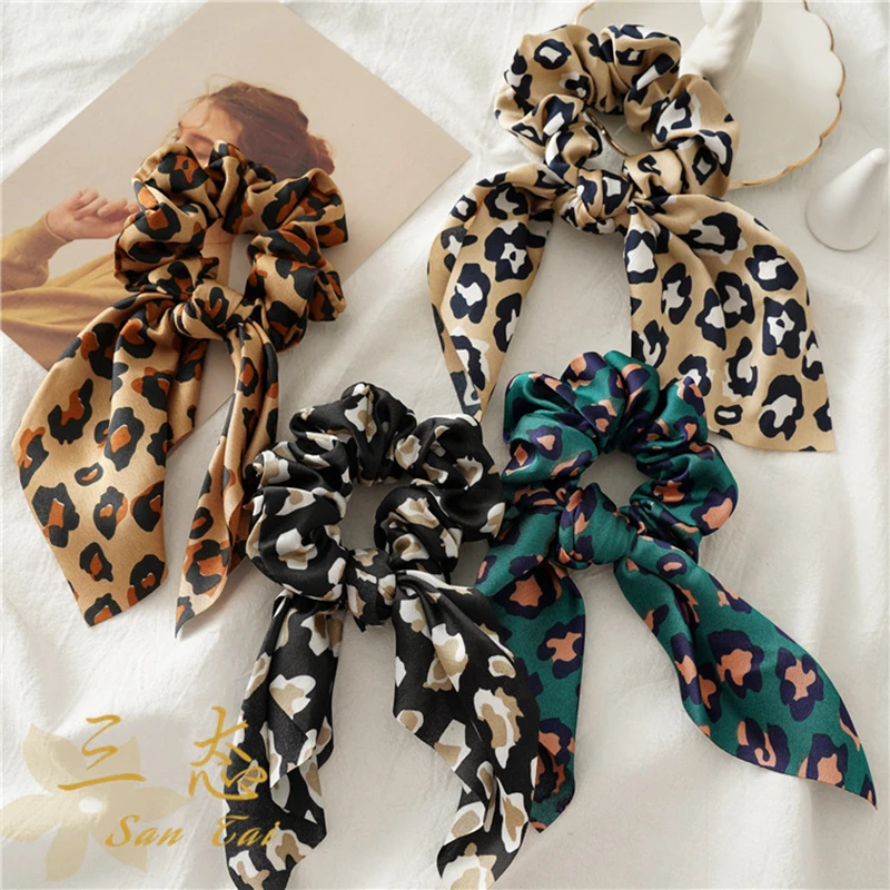 

New satin hair tie cloth ring spring and summer knotted rabbit ears wild personality fashion leopard hair accessories wholesale