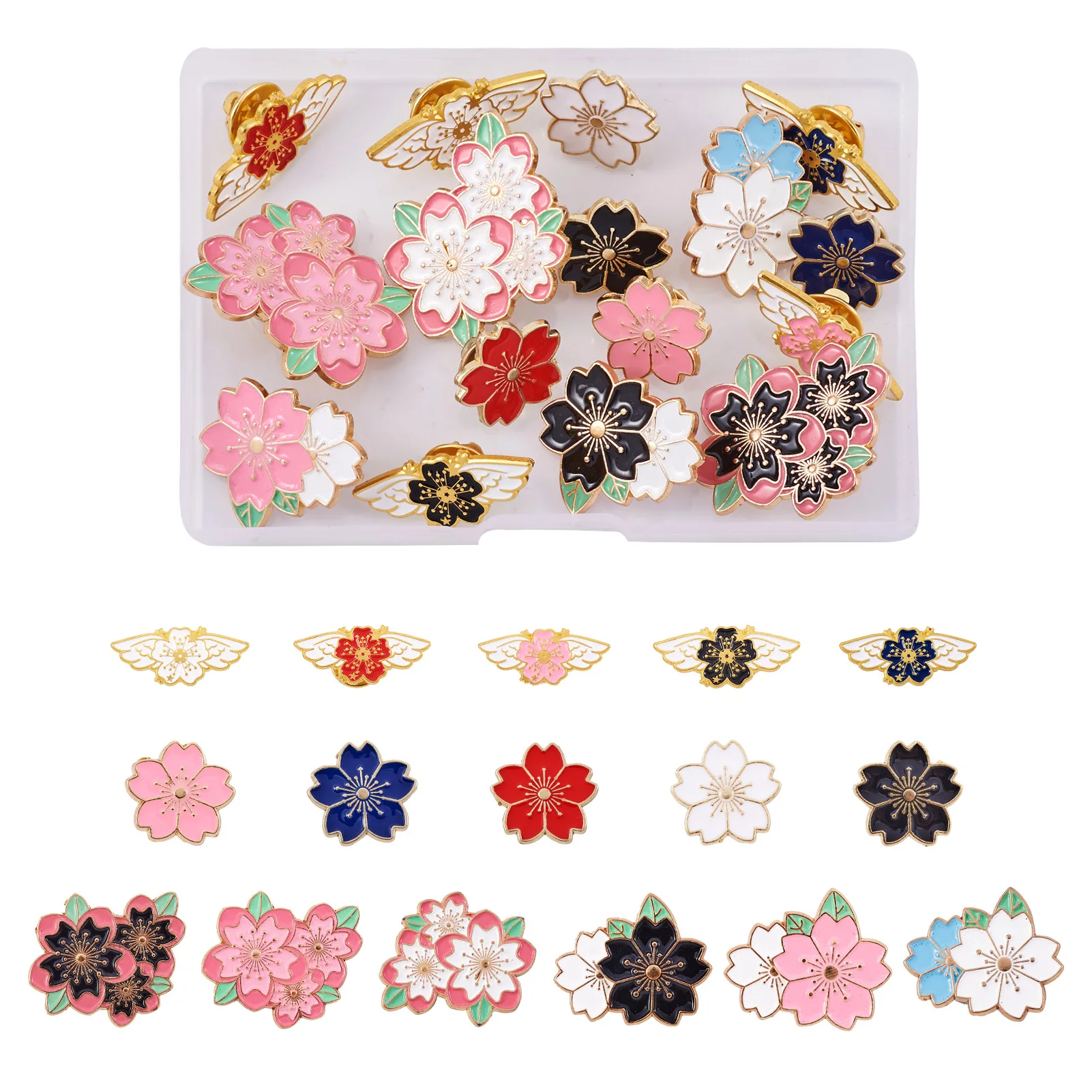 

16Pcs Alloy Enamel Sakura Flower Brooch Pins Wing Cherry Blossom Brooches Bag Lapel Pin Badge For Women Girl Jewelry Gift