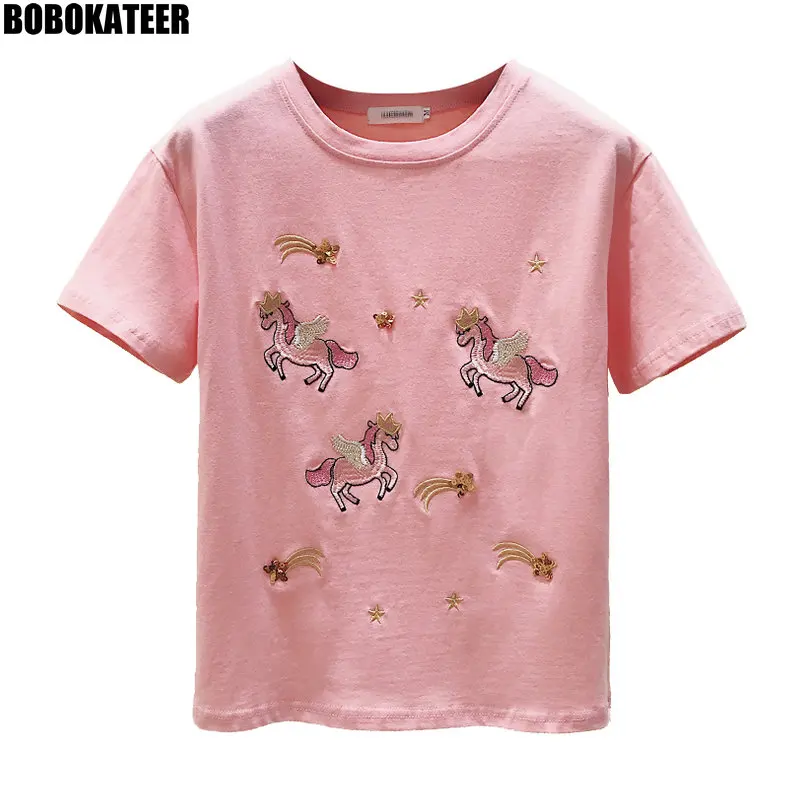 

Kawaii Pink Tshirt Women Clothing Summer Embroidery White Tops Women T shirt Cotton Short Sleeve Casual Black Tee shirt 2021